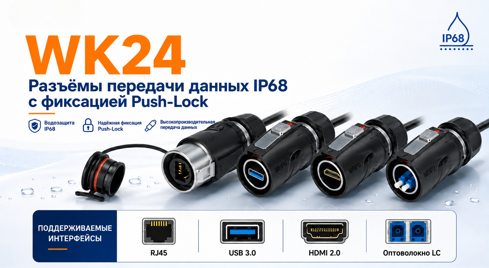 WEIPU WK24 Data: IP68-разъёмы для RJ45, USB 3.0, HDMI 2.0 и оптоволокна LC WEIPU WK24 Data: IP68-разъёмы для RJ45, USB 3.0, HDMI 2.0 и оптоволокна LC